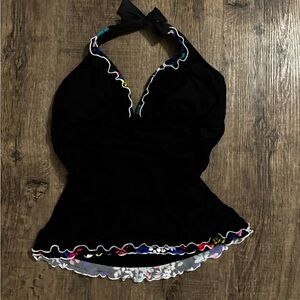 Black Halter Swimsuit Top with Colorful Trim